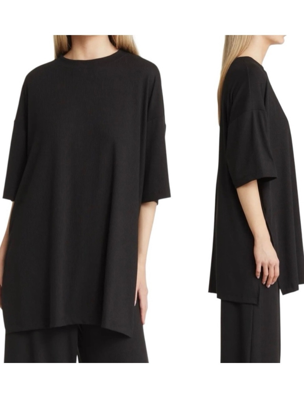 Dressed In Lala Lex Ribbed Oversized Tee Shirt Black Split Hem